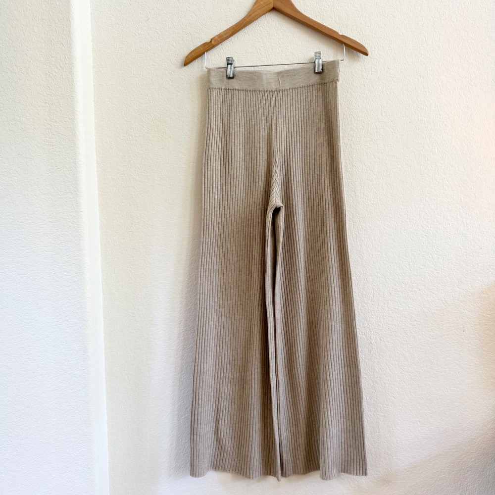 The Drop Womens Beige Ribbed Knit Wide Leg High Rise Pants Size Small